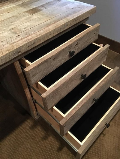 Right side drawer stack of the modern gray reclaimed wood Hollywood vanity. This picture features the black velvet lined drawers.