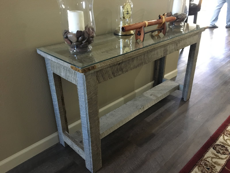 Left angle view of the gray reclaimed white oak sofa table