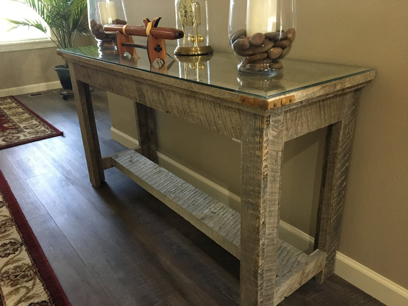 Right angle view of the gray reclaimed white oak sofa table