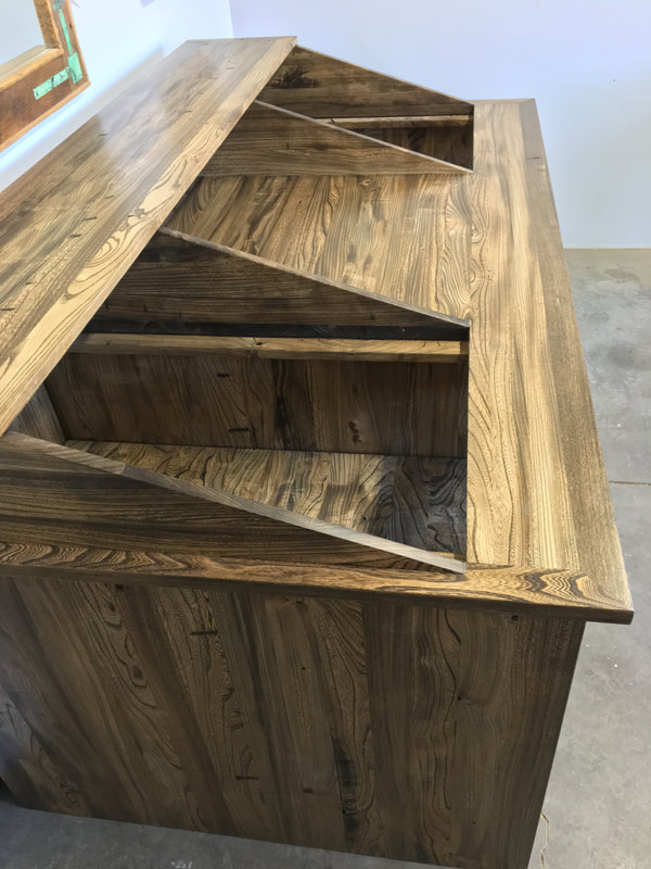 Left side view of the custom made reclaimed white ash wood studio desk