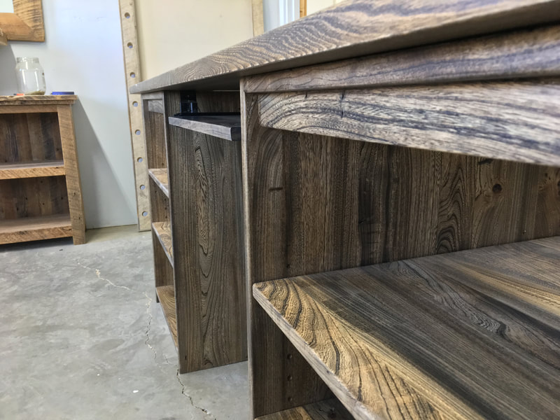 Angle view of the custom made reclaimed white ash wood studio desk