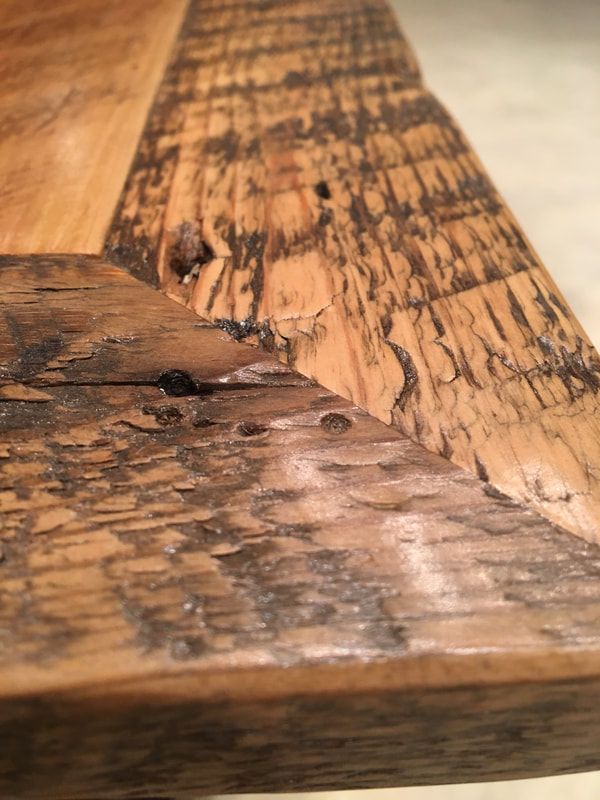 Close up view of the reclaimed wood coffee table top